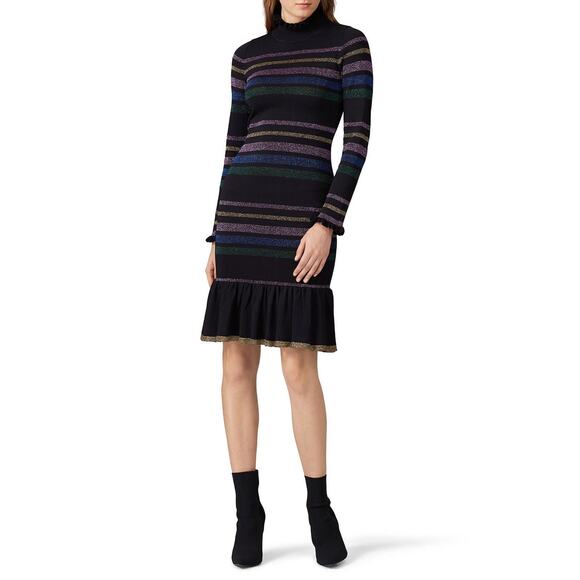 Shoshanna Evette Black Striped Knit Long Sleeve Ruffle Mock Neck Sweater Dress S - Picture 1 of 14